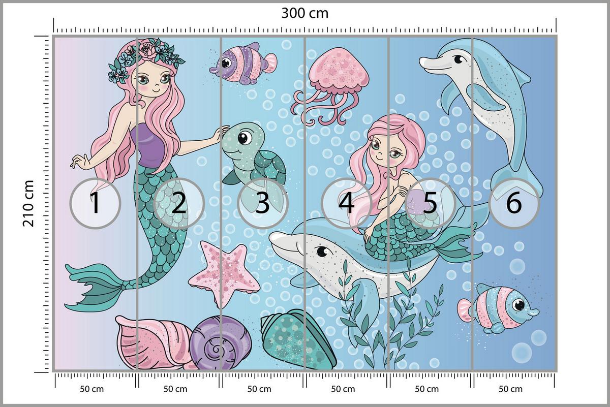 FOTOTAPETE für Kinderzimmer Meerjungfrauen Delfine Fische Muscheln Qualle Schildkröte 300x210 - Multicolor, Papier (300/210cm) - Muralo