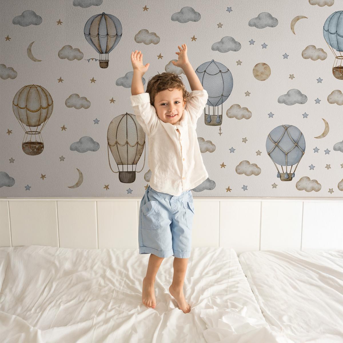 WANDAUFKLEBER SET Luftballons Wolken Sterne Boho Stil 120x60 - Beige/Braun, Papier (120/60/1cm) - Muralo