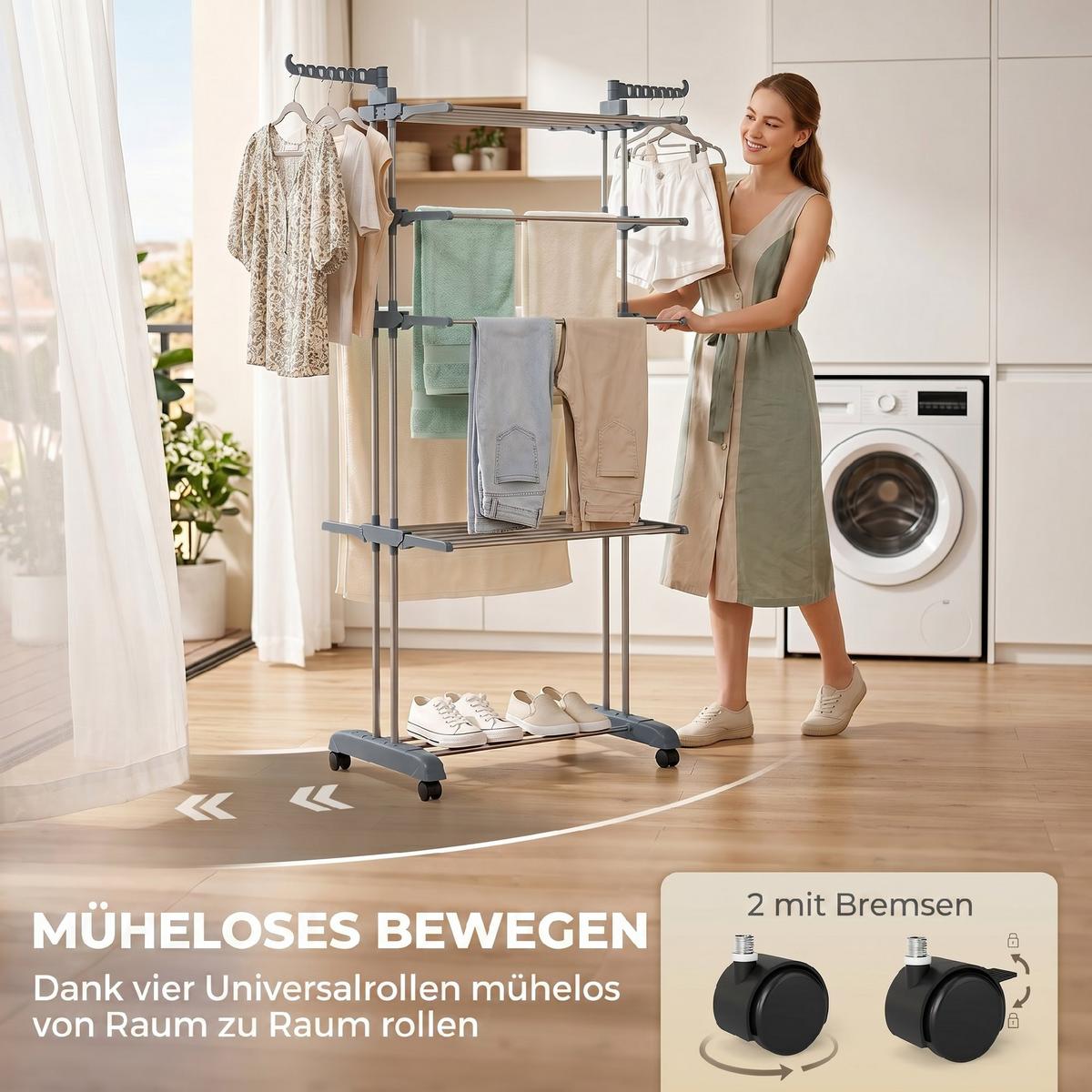 WÄSCHESTÄNDER Plastic Stahl Grau - Grau, Kunststoff/Metall (64/172/73cm) - HOMCOM