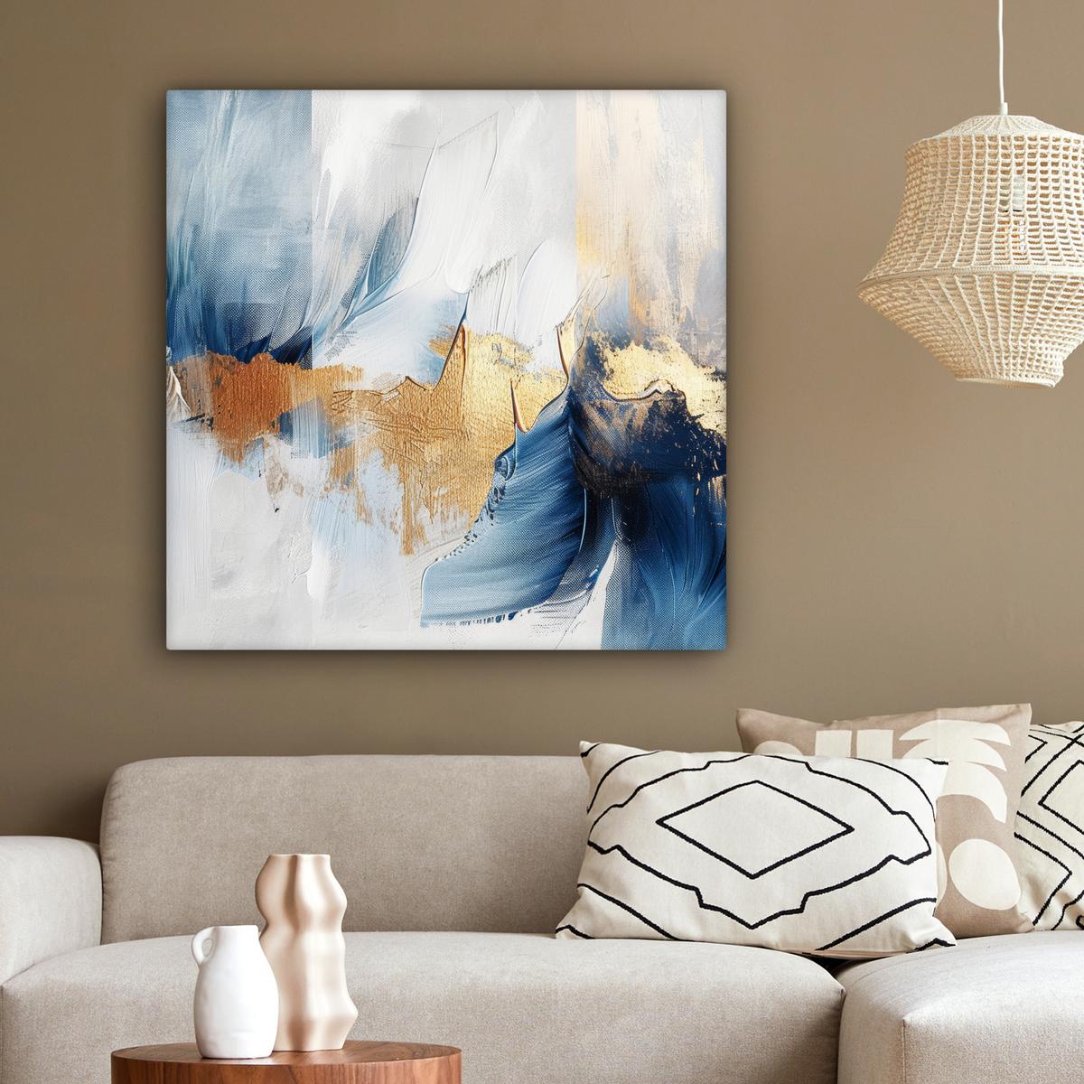 LEINWANDBILD Gold - Blau - Aquarell - Kunst - Modern Deko Groß 90x90 cm - Hellblau, Textil (90/90cm) - MuchoWow