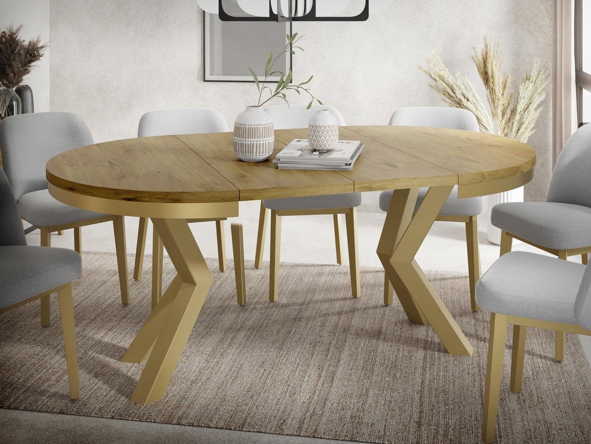 ESSTISCH Clara Gold runder ausziehbarer, Lancelot Eiche 120-200/120/76 cm - Eichefarben/Goldfarben, Holzwerkstoff/Metall (120/196/76cm) - WFL GROUP