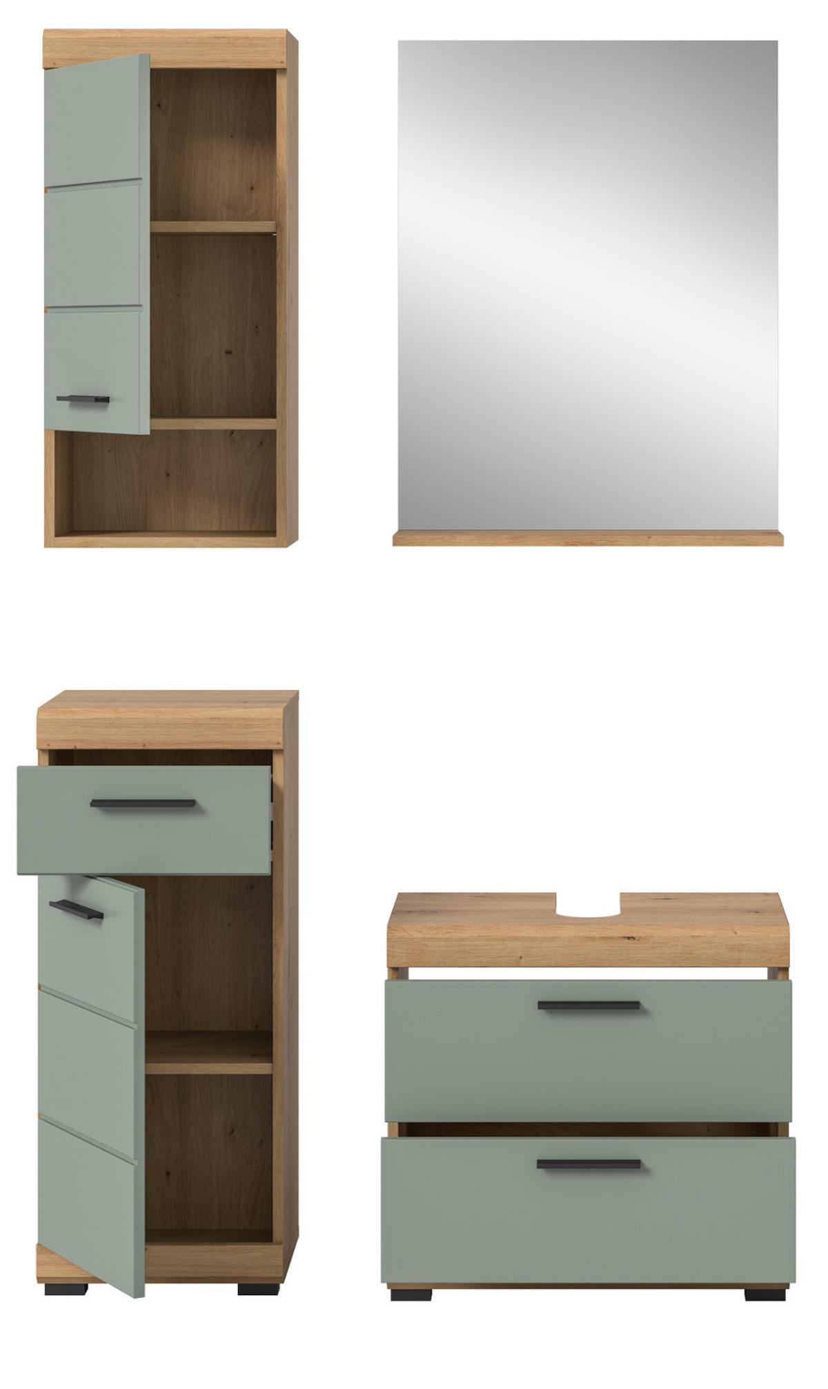 BADMÖBEL-SET Salbei grün, Eiche Artisan 4-teilig 112 cm, Komplettset mit viel Stauraum - Salbeigrün/Schwarz, Glas/Holzwerkstoff (112/191/37cm) - Inn.Furn