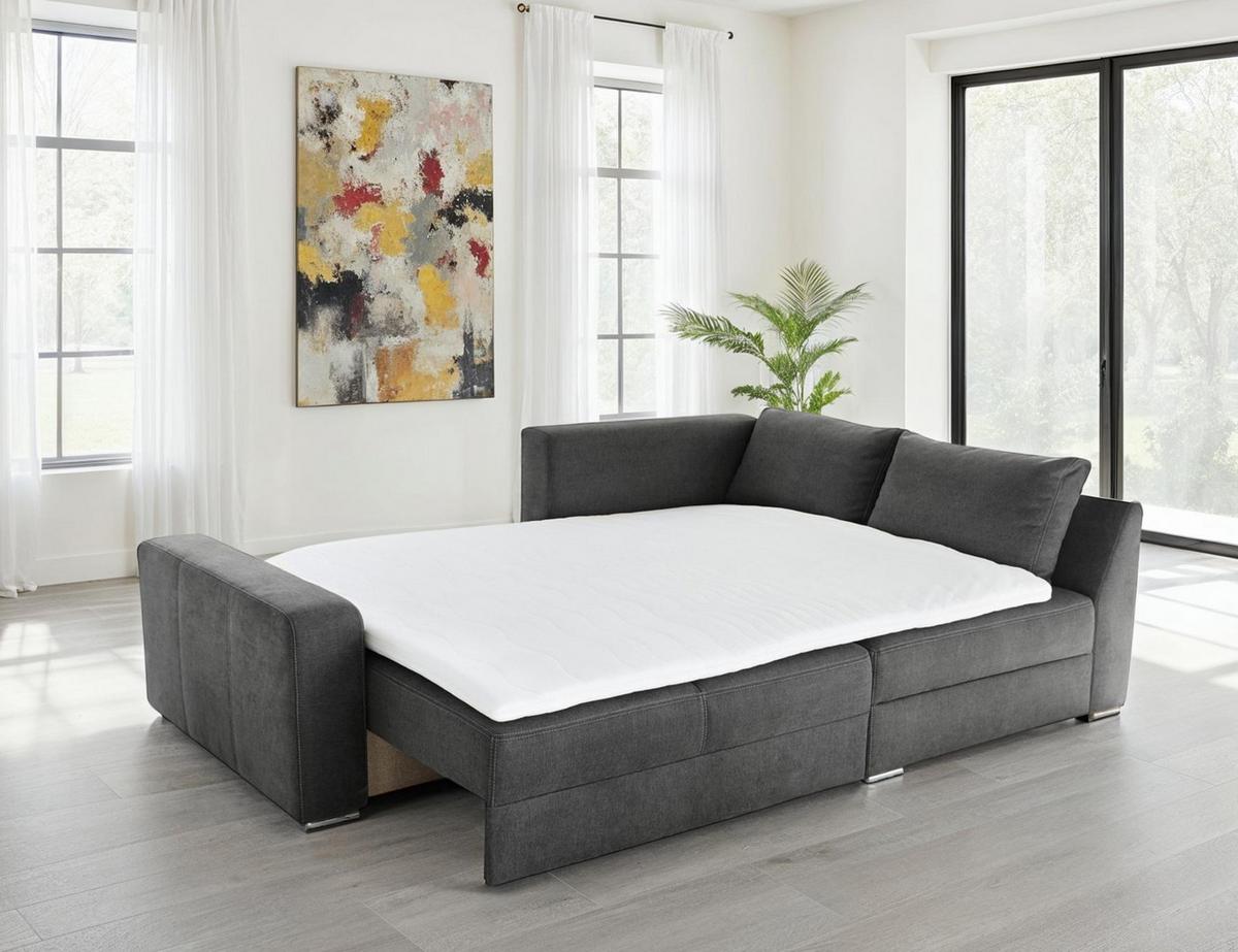 ECKSOFA-DAUERSCHLÄFER Boxspring Federkern Topper Bettkasten, seitenverkehrt montierbar B260/T181/H88 cm, Mikrofaser in Dunkelgrau / 15107 - Chromfarben/Dunkelgrau, Textil/Metall (260/181cm) - luma-home