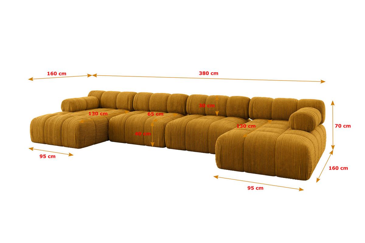 WOHNLANDSCHAFT modulares Sofa Tesso-U2 - 380x160x70 cm Senfgelb Cord - Currygelb, Holzwerkstoff/Textil (380/70/160cm) - ALTDECOR
