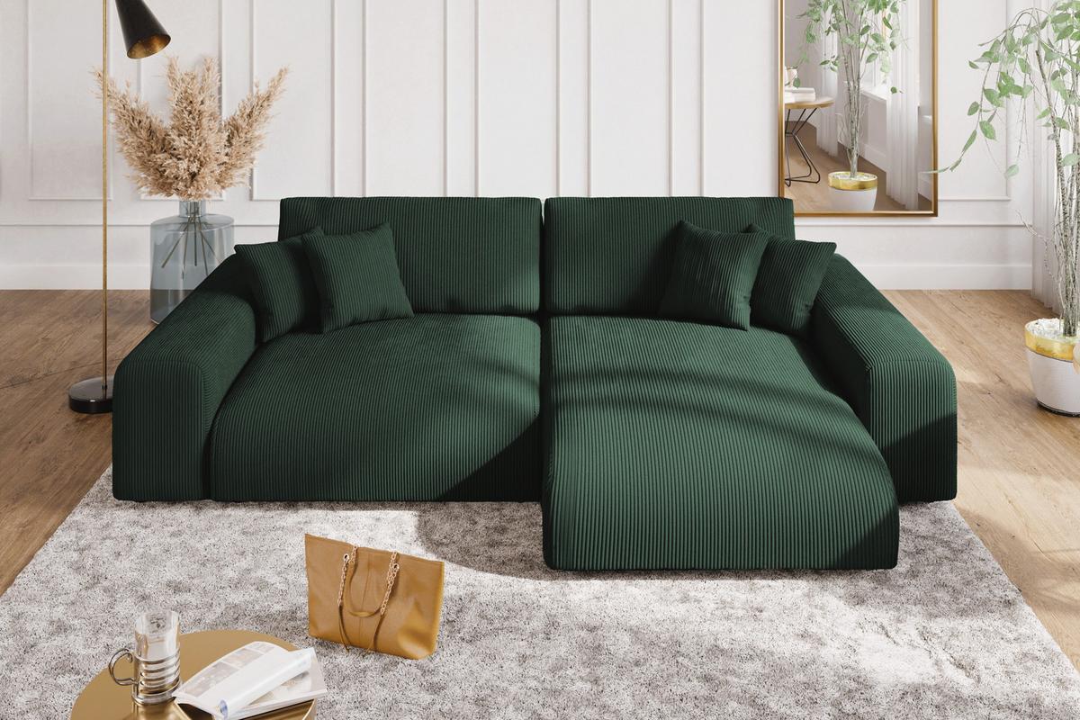 ECKSOFA mit Schlaffunktion, Bettkasten, Wellenunterfederung, seitenverkehrt montierbar B255/T165/H84 cm, Liegefl. 148x196 cm, Cord Grün / 21005 - Schwarz/Grün, Kunststoff/Textil (255/165cm) - luma-home