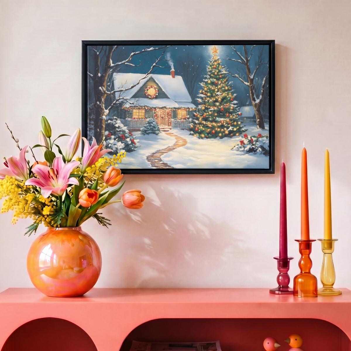 LEINWAND Bilder mit Rahmen - Weihnachten - Weihnachtsbaum - Winter - Zuhause - Schnee - 30x20 - Smaragdgrün, Textil (30/20cm) - MuchoWow