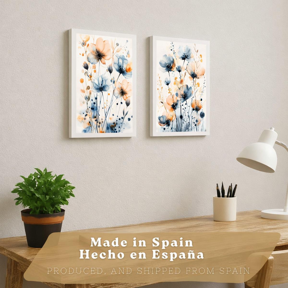 POSTER 2er-Set Wandbilder Blumen Blau Orange Boho modern Wohnzimmer Deko, Schlafzimmer, Küche, Badezimmer Rahmenlos A3 - Weiß, Papier (29.7/1/42cm) - Nacnic