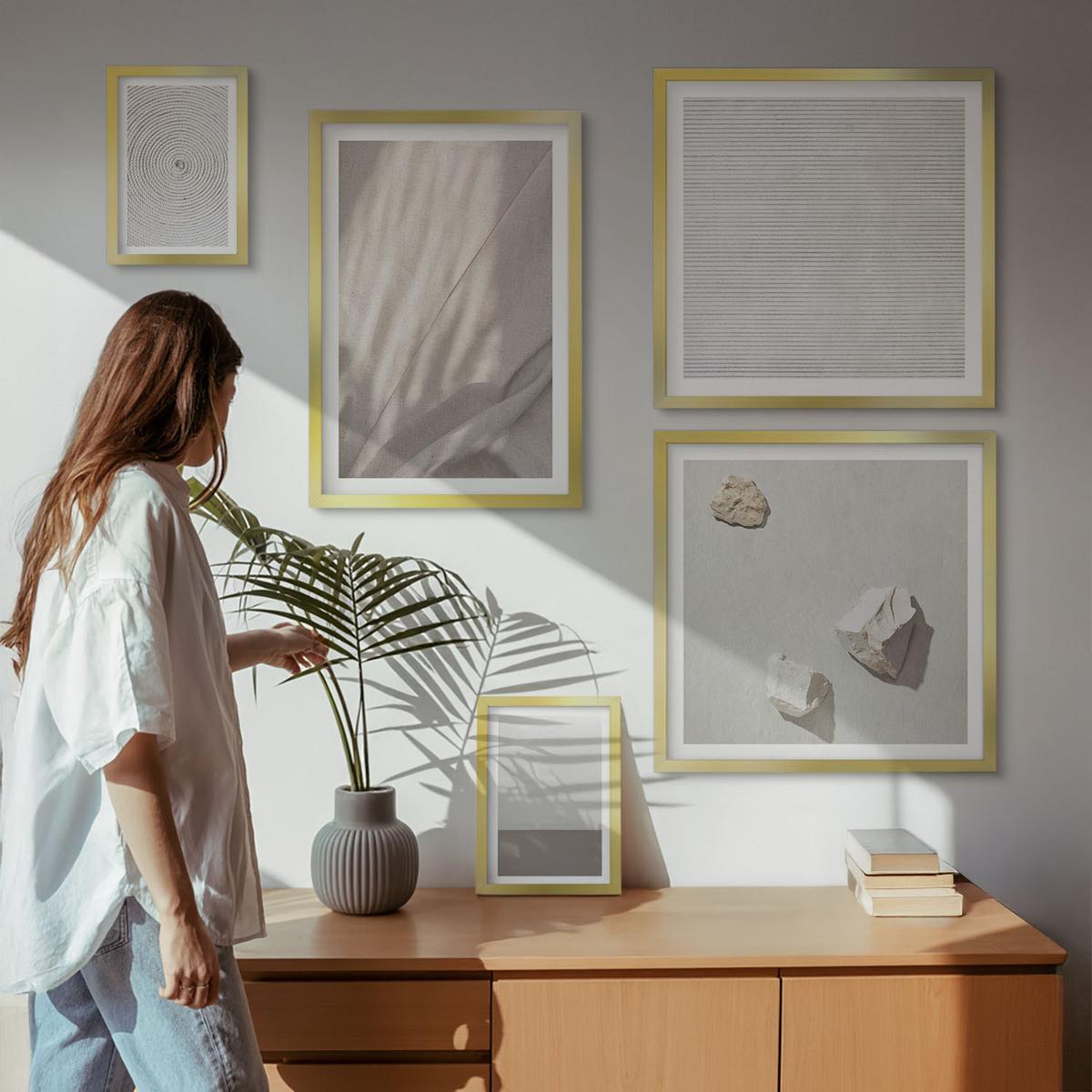 BILDER SET 5er Set - 50x50 cm & 20x30 cm & 40x60 cm Goldrahmen - Zarte Boho-Texturen der Natur - Goldfarben, Kunststoff (40/60cm) - TULUP