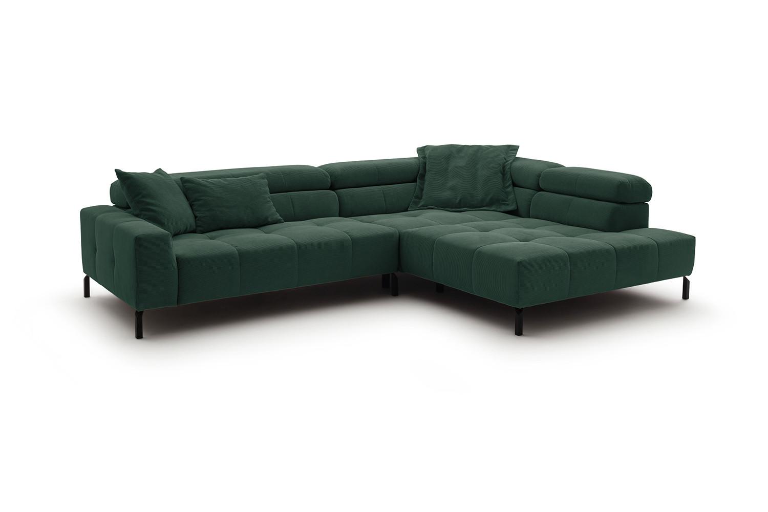 ECKSOFA MIT MOTORISCHEM SITZVORZUG OHIO Smaragdgrün Cord Relaxfunktion - Smaragdgrün/Schwarz, Textil/Metall (311/219cm) - KAWOLA