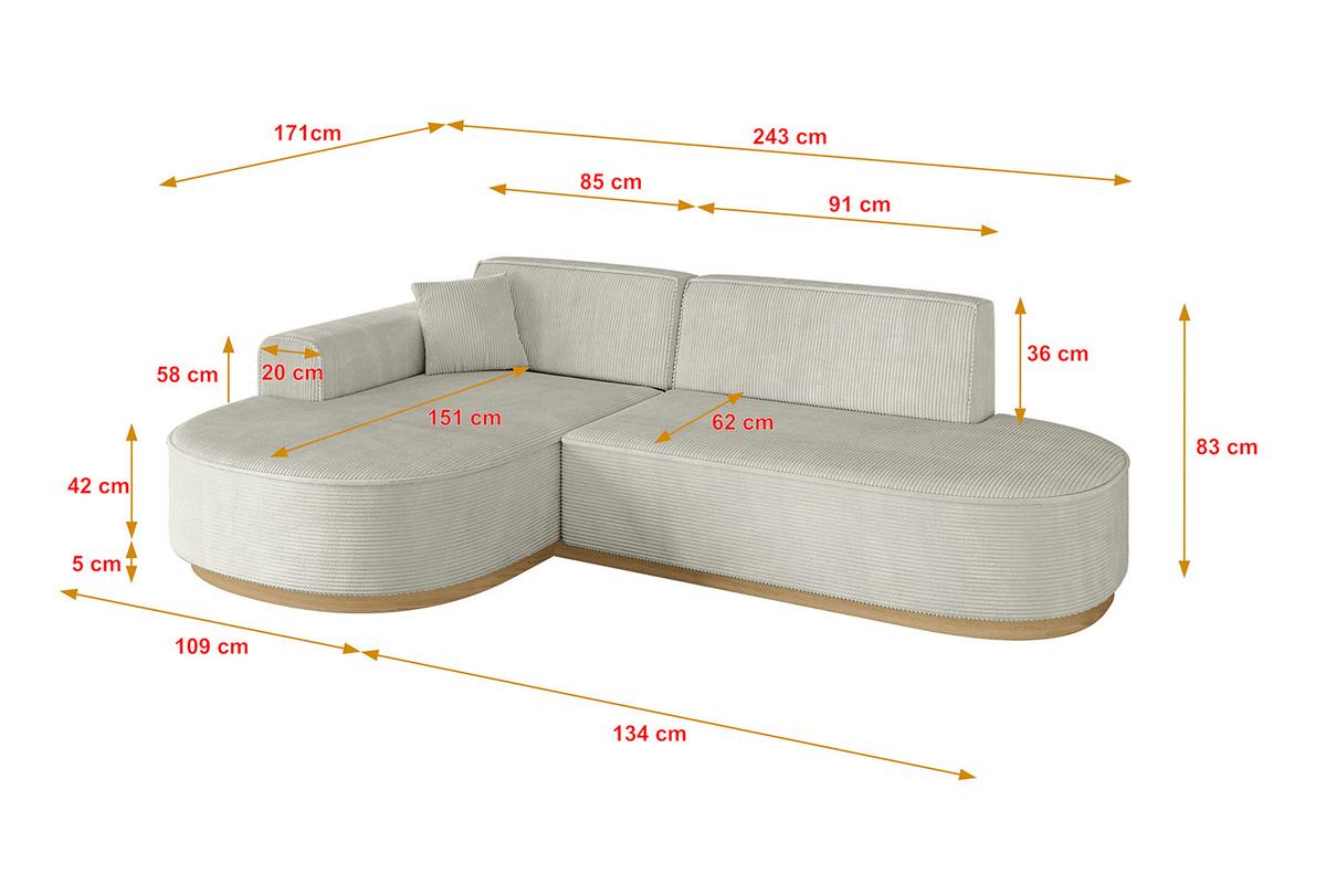 ECKSOFA Ottomane Links MARI-L1-v2 - 243x171x83 cm Creme Cord - Hellgrau/Creme, Holzwerkstoff/Textil (243/171cm) - ALTDECOR