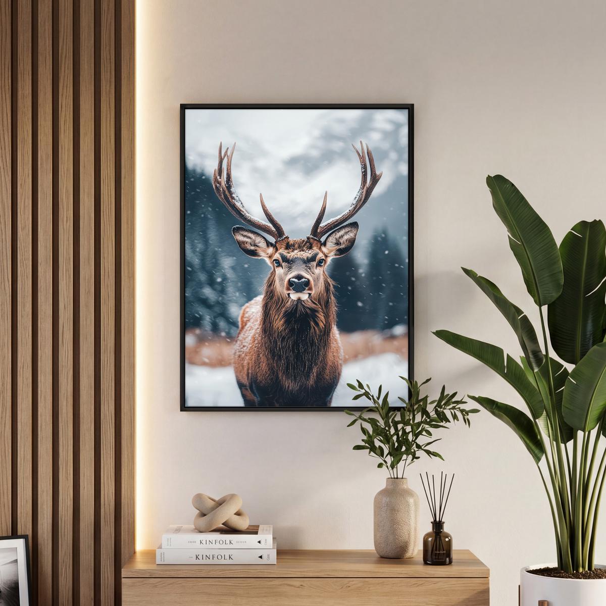 LEINWAND Bilder mit Rahmen - Hirsche - Tiere - Landschaft - Winter - Schnee - 50x70 - Kastanienfarben, Textil (50/70cm) - MuchoWow