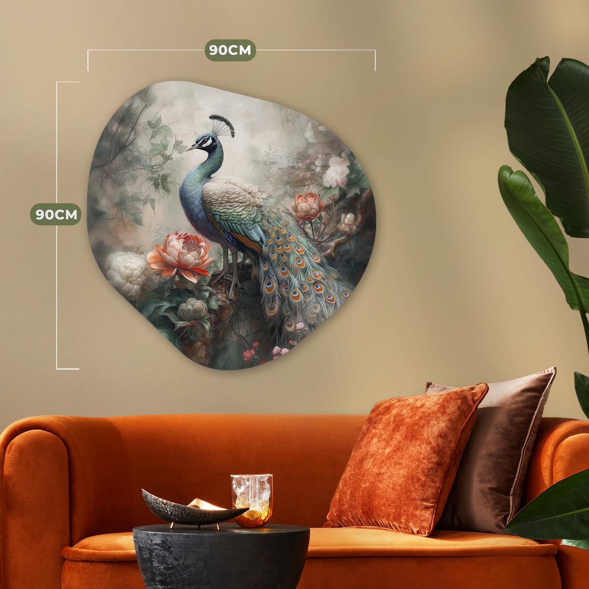 WANDBILD Pfau - Pfauenfedern - Vogel - Dschungel - Blumen Room Decor 90x90 cm - Smaragdgrün, Kunststoff (90/90cm) - MuchoWow