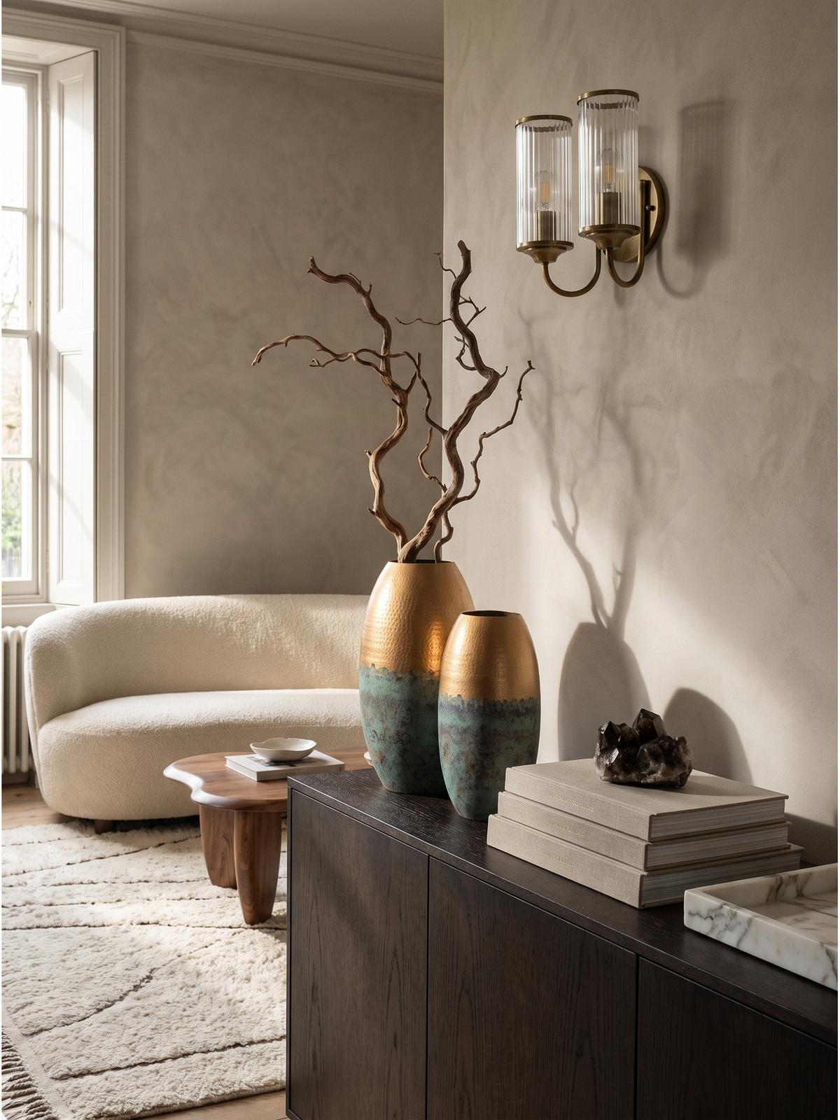 VASEN 2er-Set ENZ, Aluminium, handgefertigt, Grün-Gold, Ø 25 x 47 cm - Grün, Metall (47cm) - KADIMA DESIGN