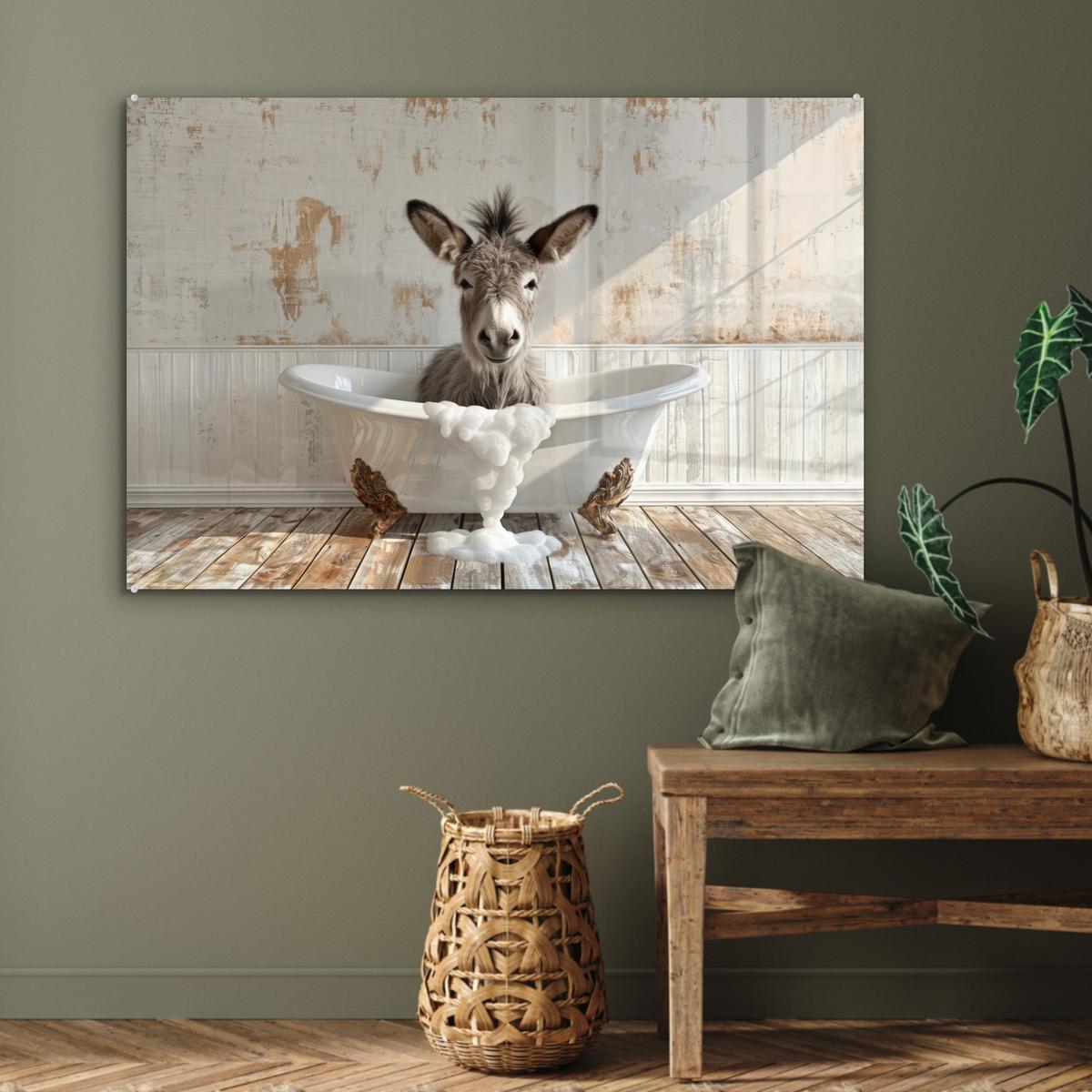 ACRYLGLASBILD Esel - Tiere - Badewanne - Schaumstoff Wandbild Schlafzimmer 120x80 cm - Weiß, Glas (120/80cm) - MuchoWow