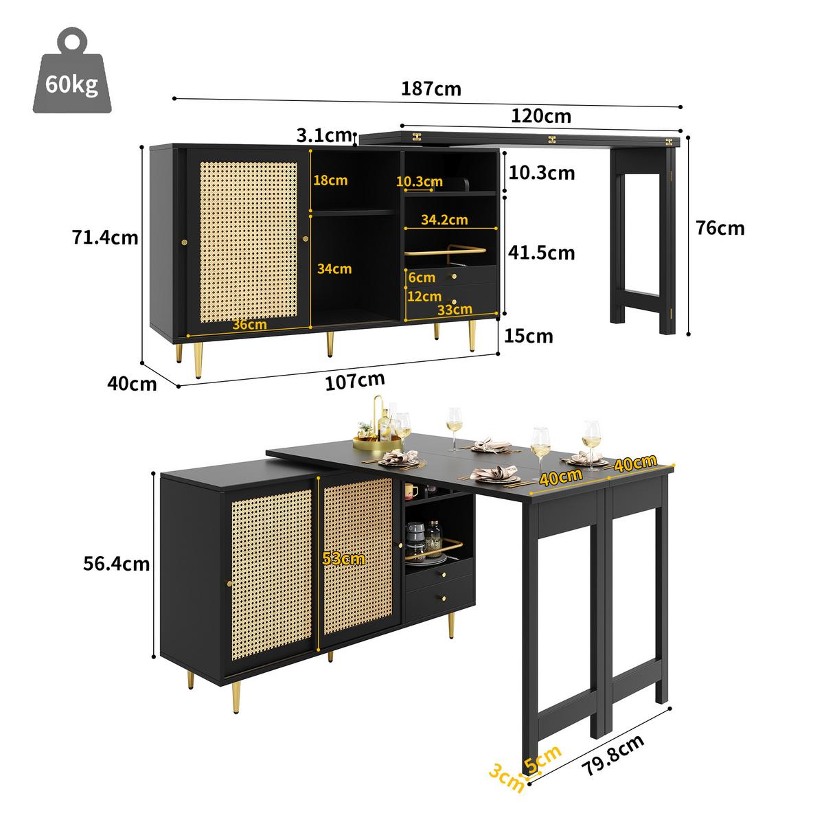 BÜROTISCHE mit Rattan-Türen, 187/40/76cm - Schwarz, Holzwerkstoff (187/40/76cm) - Urban Meuble