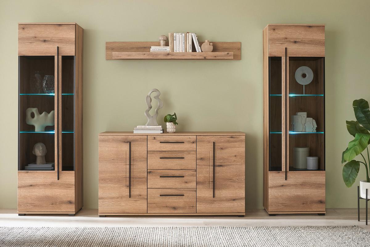 VITRINE Eiche Evoke, Vitrinenschrank 60 x 200 cm, Glas grau - Eichefarben/Schwarz, Glas/Holzwerkstoff (60/200/37cm) - Furn.Design