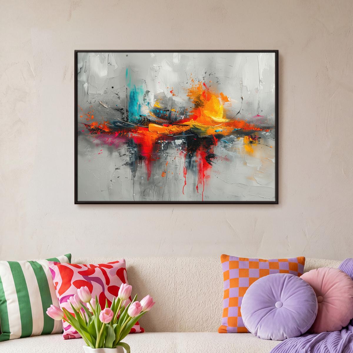 LEINWAND Bilder mit Rahmen - Moderne Kunst - Orange - Grau - Abstrakt - 80x60 - Hellgrau, Textil (80/60cm) - MuchoWow