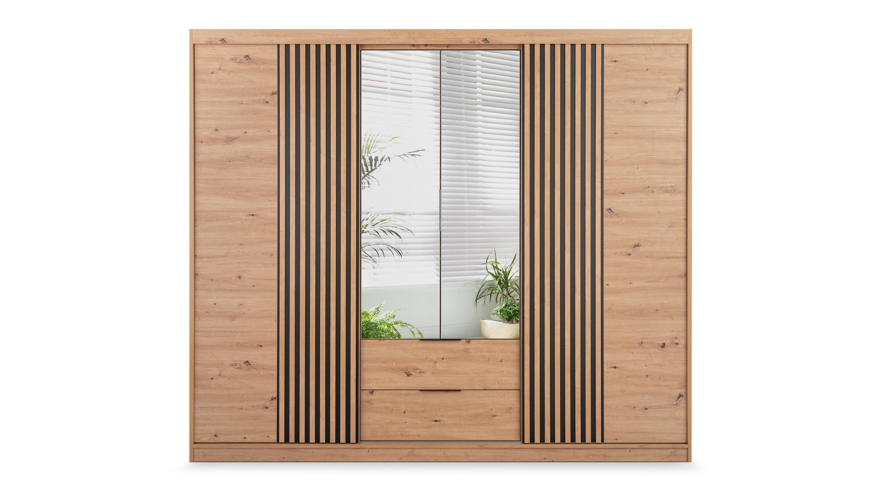 SCHWEBETÜRENSCHRANK AKALI 250/213/60 cm 4-türig mit Spiegel Eiche Artisan - Eiche Artisan, Holzwerkstoff (250/213/60cm) - MASSENO