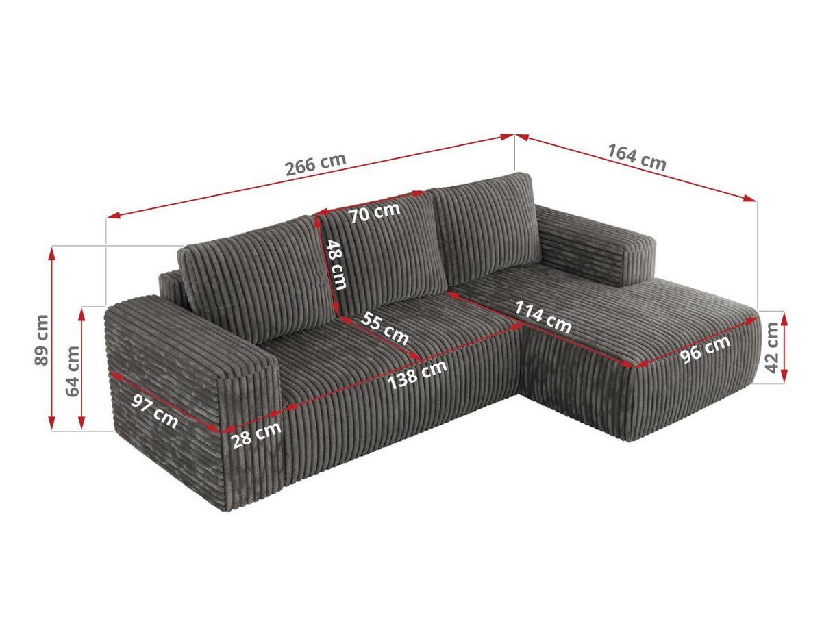 ECKSOFA TRENTINO L Dunkelgrau Cord - Rechts - Dunkelgrau/Schwarz, Kunststoff/Textil (164/266cm) - MKS