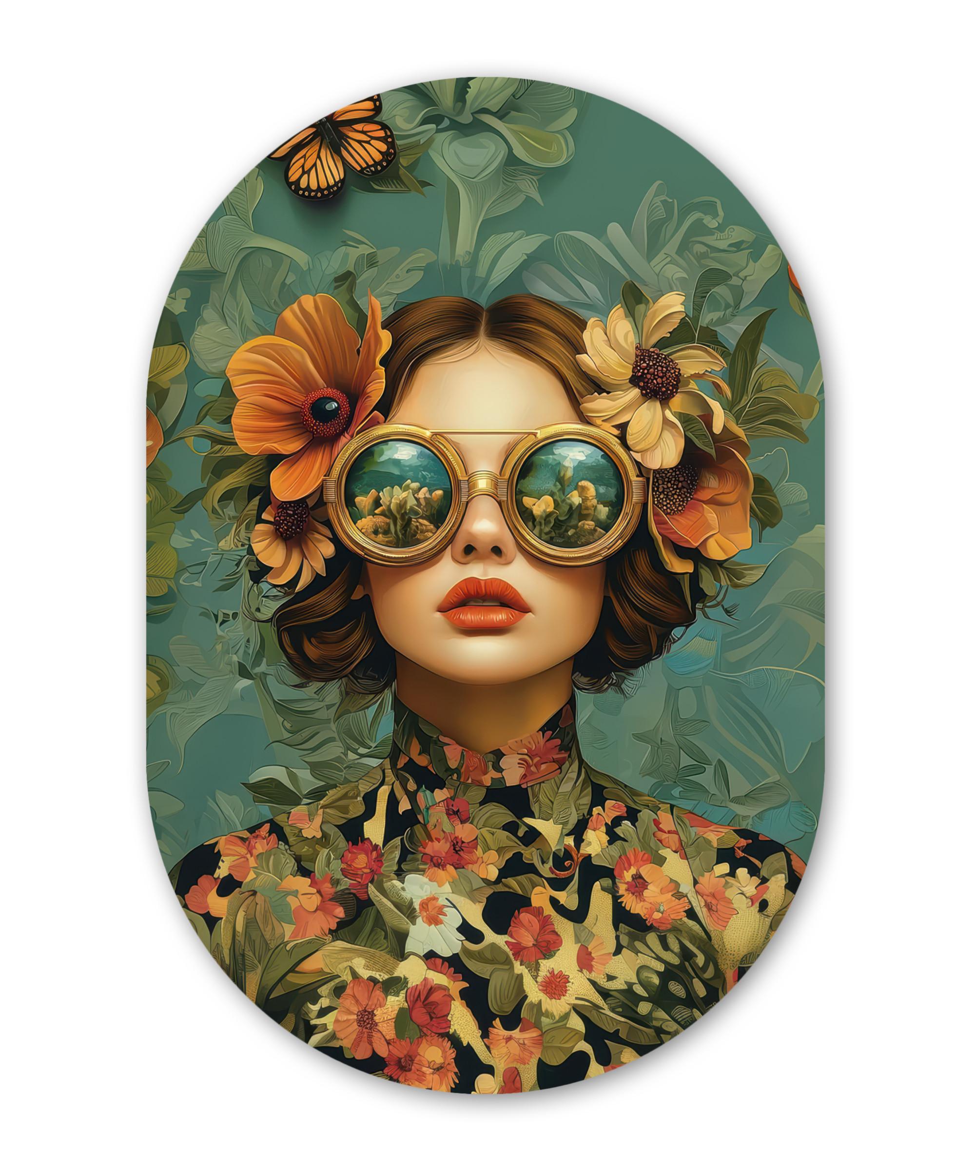 WANDBILD Frau - Blumen - Schmetterlinge - Natur - Vintage Deko Wohnzimmer 40x60 cm - Petrol, Kunststoff (40/60cm) - MuchoWow