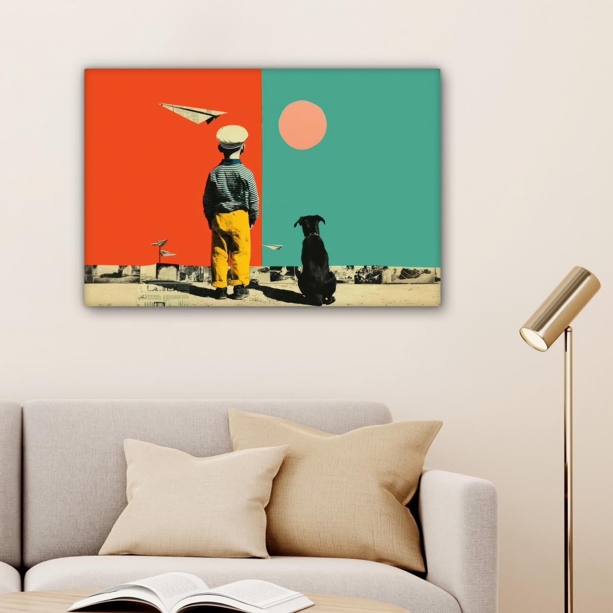 LEINWANDBILD Retro - Junge - Hund - Rot - Grün Wanddeko 90x60 cm - Orange, Textil (90/60cm) - MuchoWow