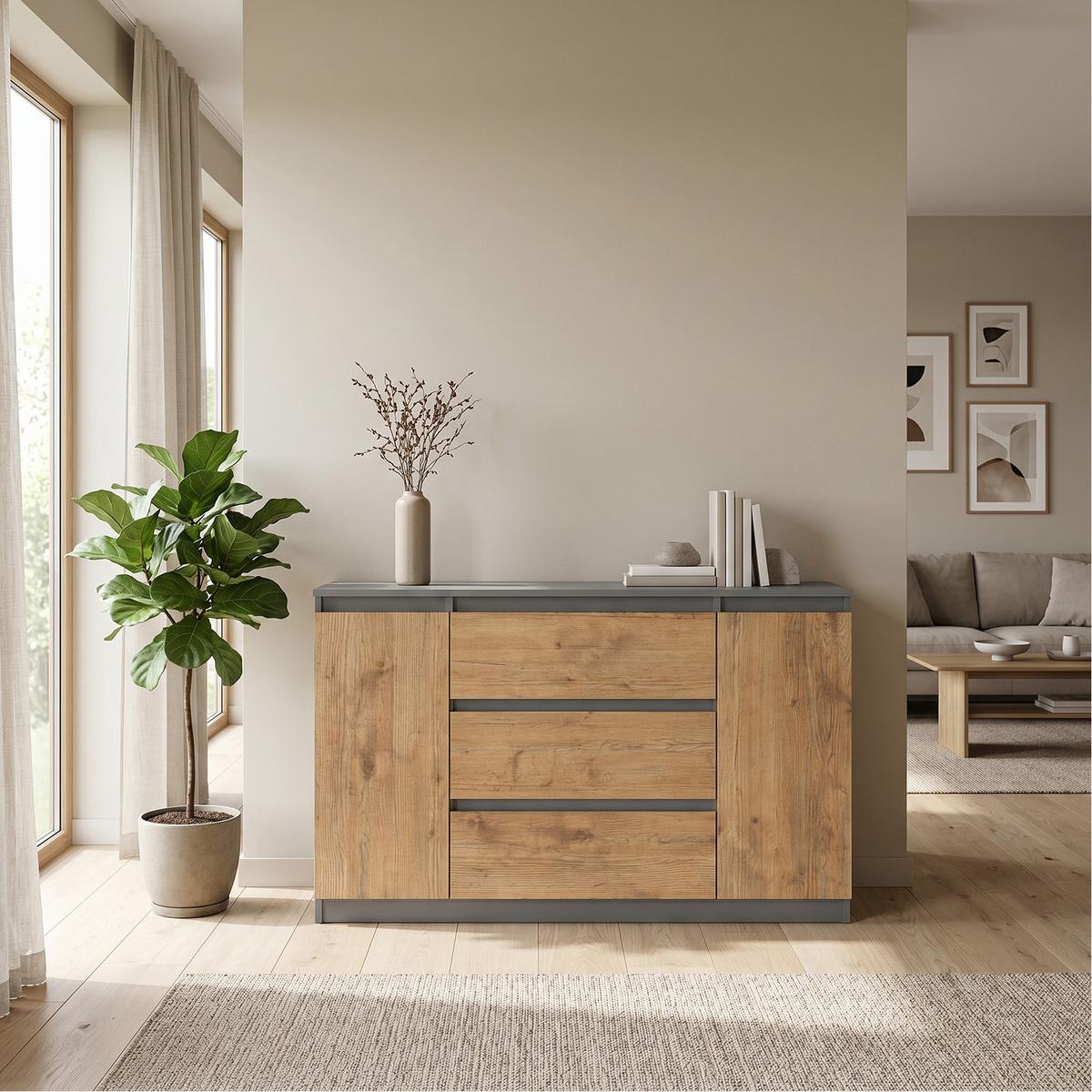 KOMMODE NUDO 120/78,5/39cm mit 3 Schubladen 2 Türen Anthrazit - Eichefarben/Anthrazit, Holzwerkstoff (120/78.5/39cm) - MASSENO