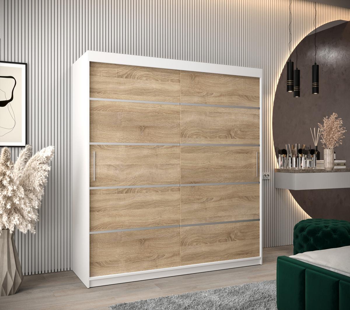 SCHWEBETÜRENSCHRANK 200/180/62 2-türig - Silberfarben/Weiß, Holz/Kunststoff (180/200/62cm) - MÖBEL KRYSPOL