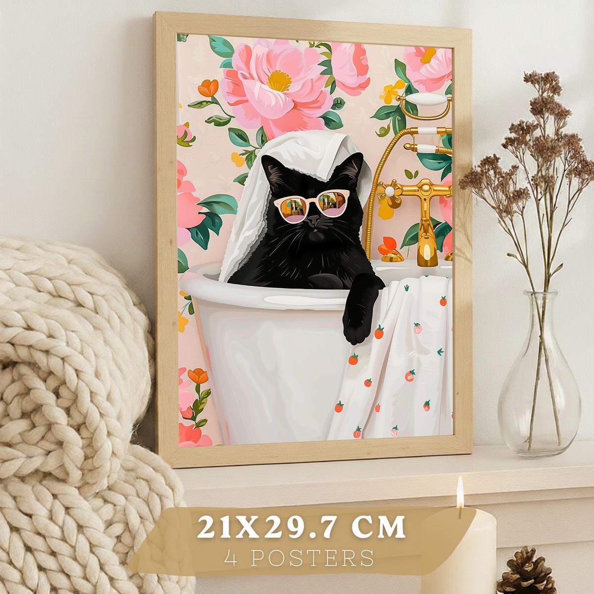 POSTER 4er Kunstdruck-Set Wandbilder Katzen modern Wohnzimmer Deko, Schlafzimmer, Küche, Badezimmer Rahmenlos A3 - Klar, Papier (29.7/1/42cm) - Nacnic