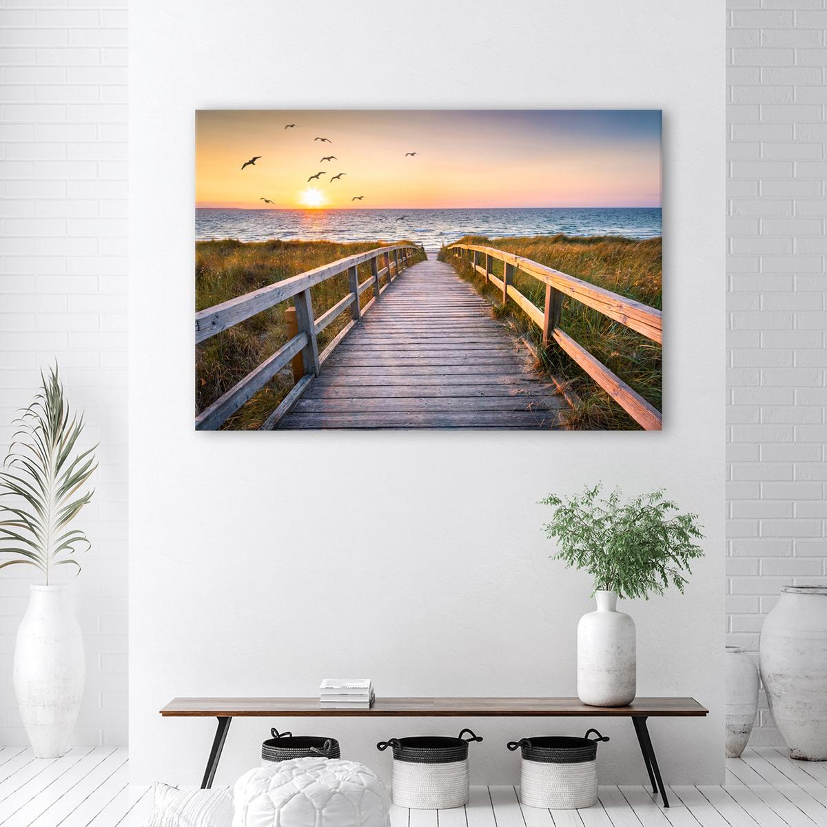 WANDBILD sunset sea beach - Orange, Textil (60/40cm) - Feeby