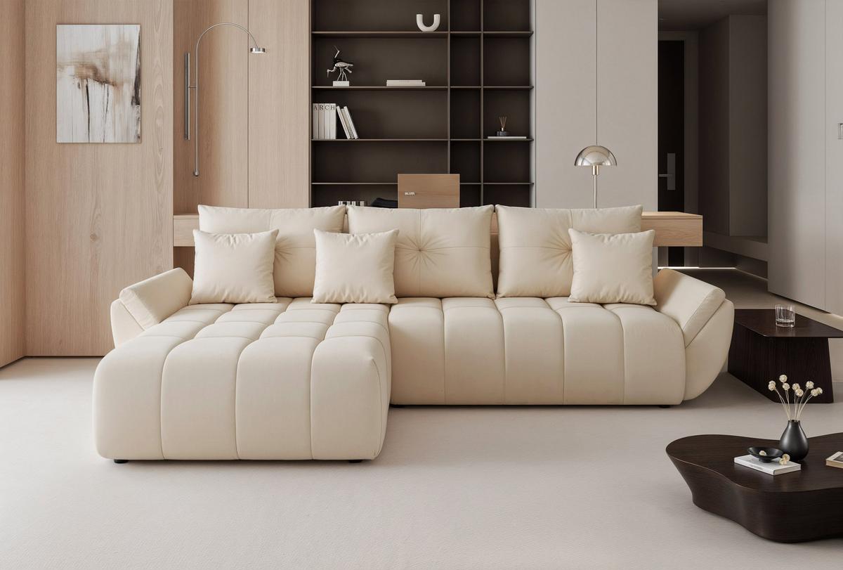 ECKSOFA ARO mit Schlaffunktion und Bettkasten Creme - Creme/Schwarz, Kunststoff/Textil (280/190cm) - Idohome