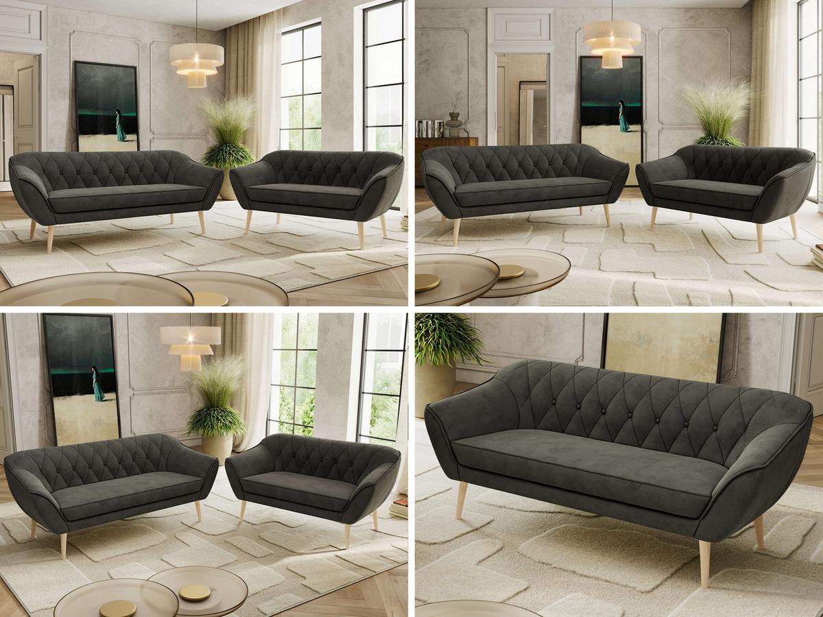 SITZGARNITUR PIRS 3+2 - Dunkelgrau Velvet - Holzbeine - Dunkelgrau/Buchefarben, Holzwerkstoff/Textil (180/75/74cm) - MKS
