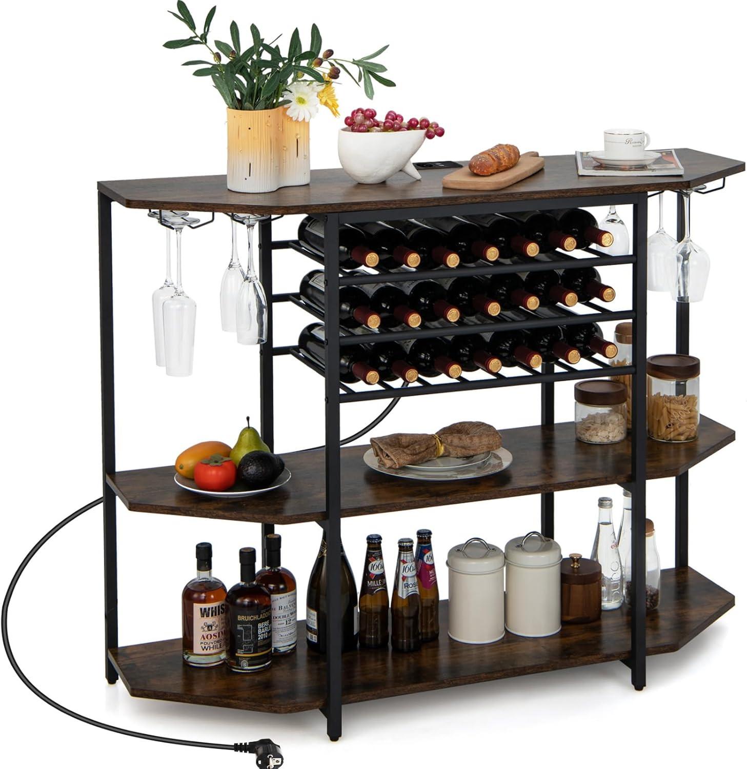 WEINREGAL mit Glashalter & Regalen Braun - Schwarz, Holz (120/92/40cm) - COSTWAY