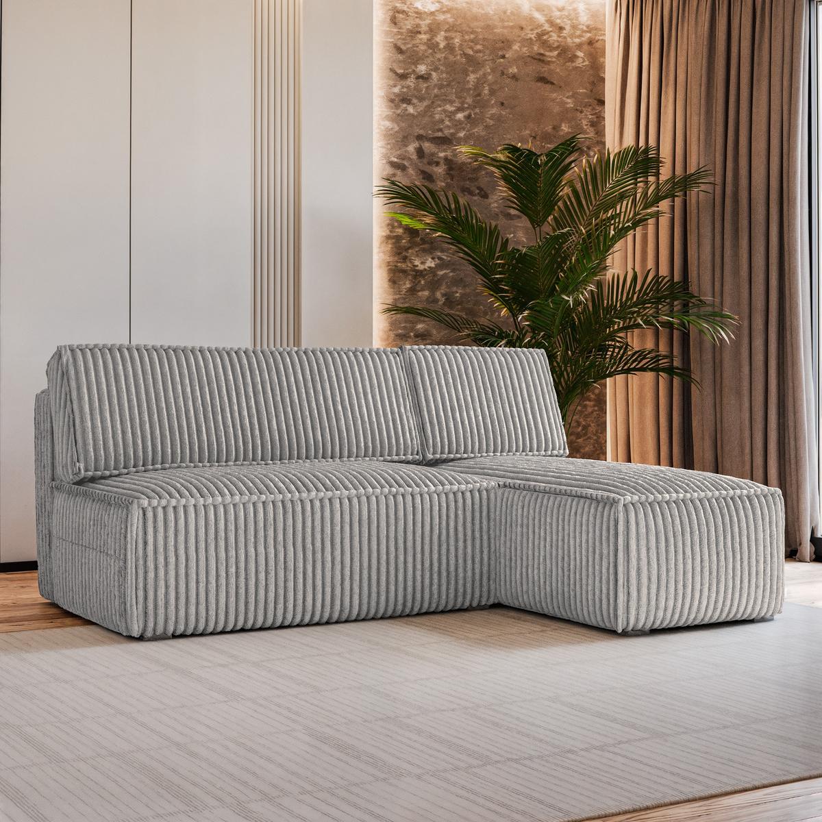 ECKSOFA BRISO T Hellgrau Kordstoff mit Schlaffunktion - Grau, Holz/Kunststoff (200/140cm) - MASSENO