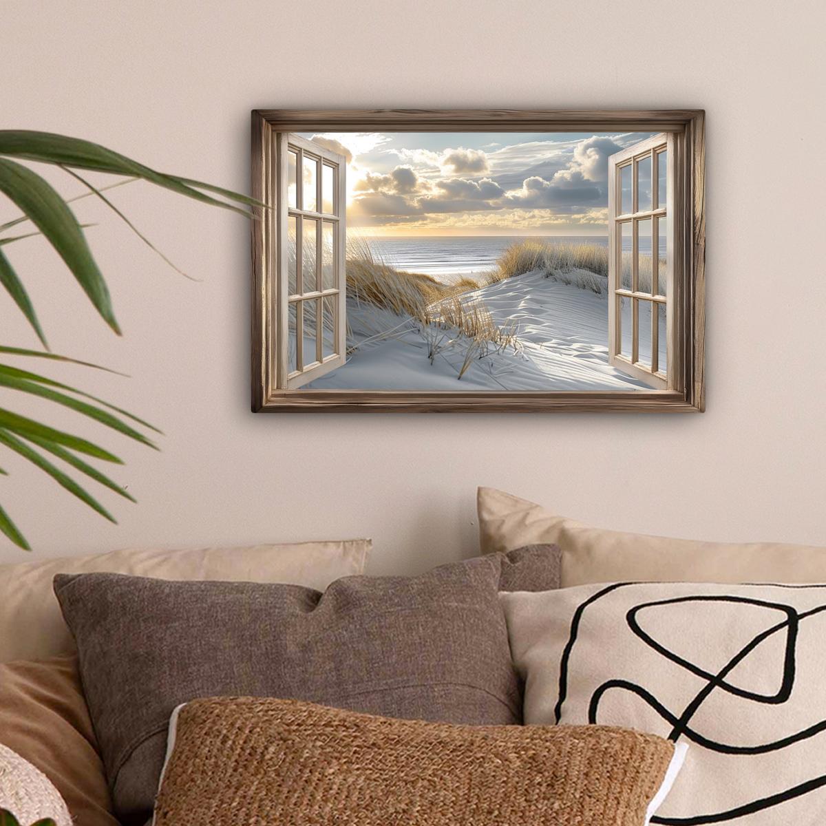 LEINWANDBILD Ausblick - Strand - Dünen - Meer - Natur Deko Schlafzimmer 30x20 cm - Sandfarben, Textil (30/20cm) - MuchoWow