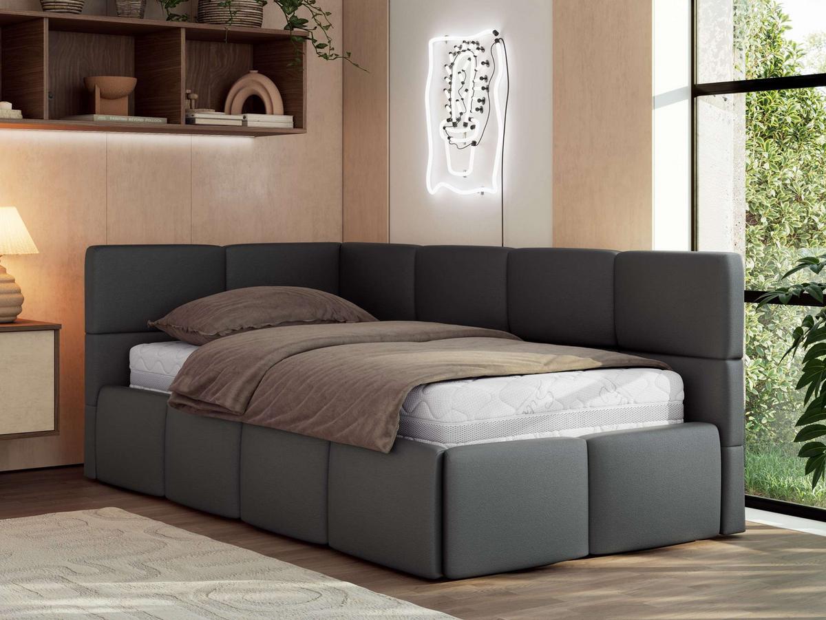 JUGENDBETT ARVO 90/200 - Grau Kunstleder - Multipocket-Matratze - Links Seite - Grau, Textil (90/200cm) - MKS