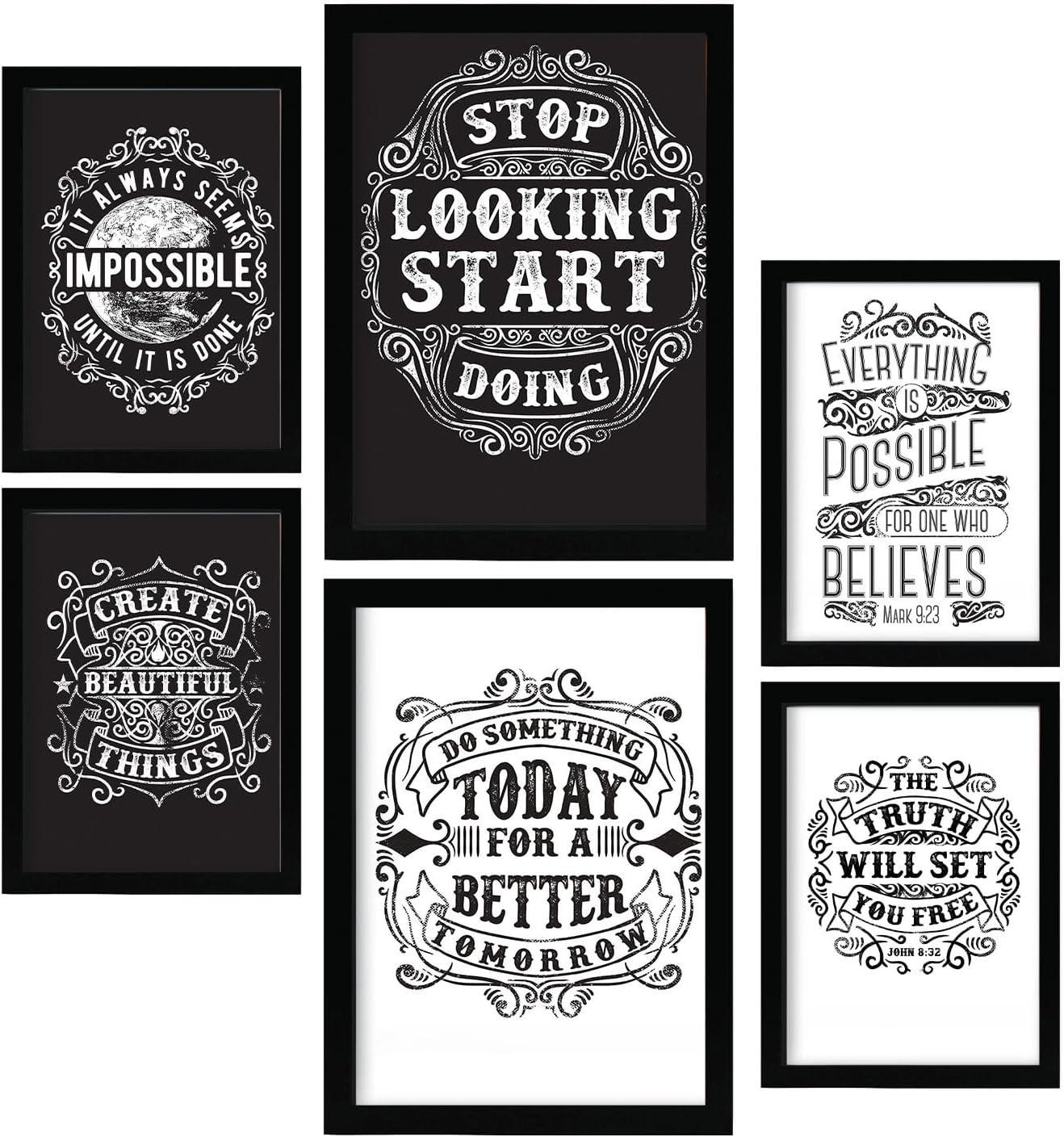 POSTER Set Mit 6 Motivierend In Rustikale Zitate A3 & A4 Schwarzer Rahmen - Schwarz, Papier (29/3cm) - Nacnic