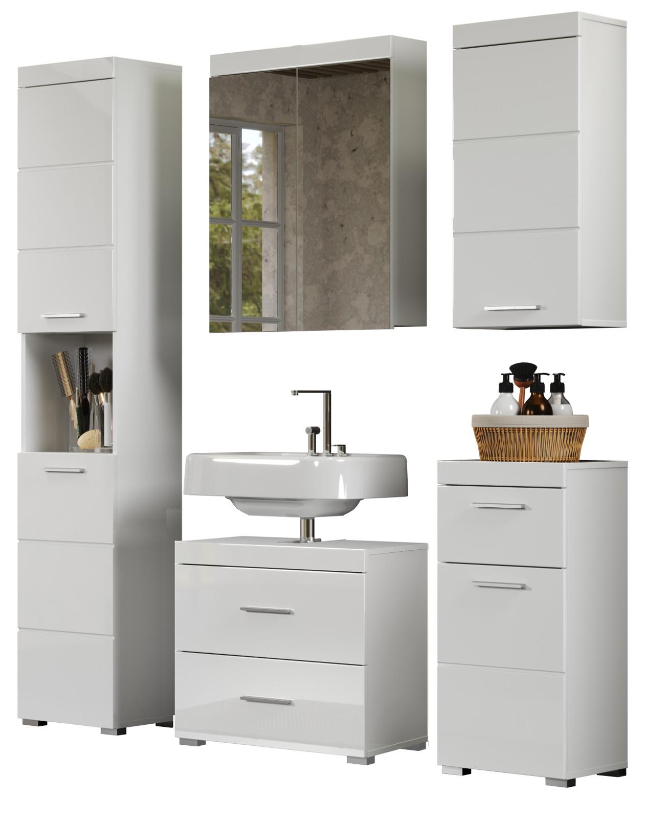 BADMÖBEL-SET weiß Hochglanz 5-teilig 163 x 190 cm, moderne Badezimmer-Schränke - Weiß Hochglanz/Alufarben, Glas/Holzwerkstoff (163/190/34cm) - Top.Furn