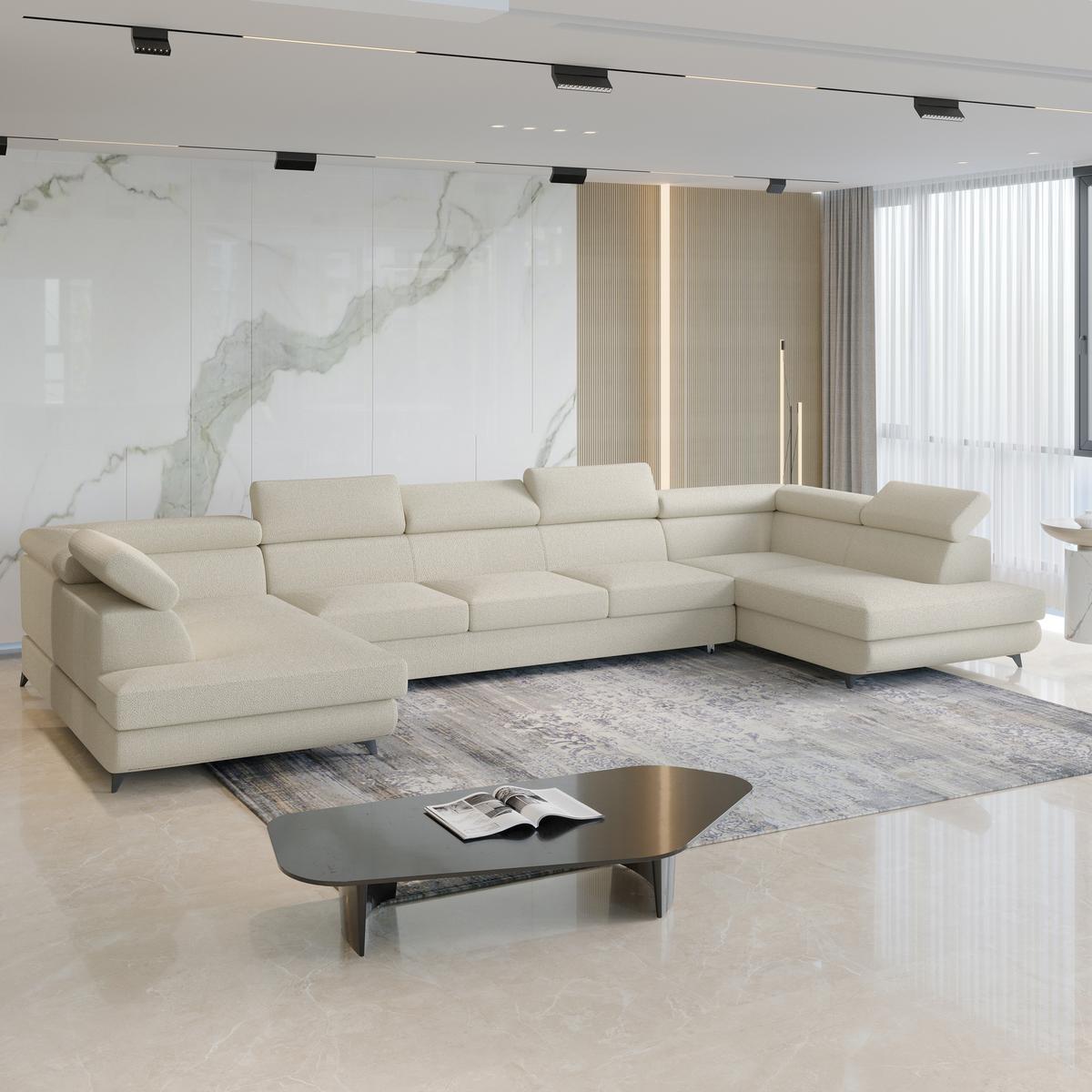 WOHNLANDSCHAFT URMANO Creme Boucle-Stoff mit Schlaffunktion - Creme, Holz (395/89/190cm) - MASSENO