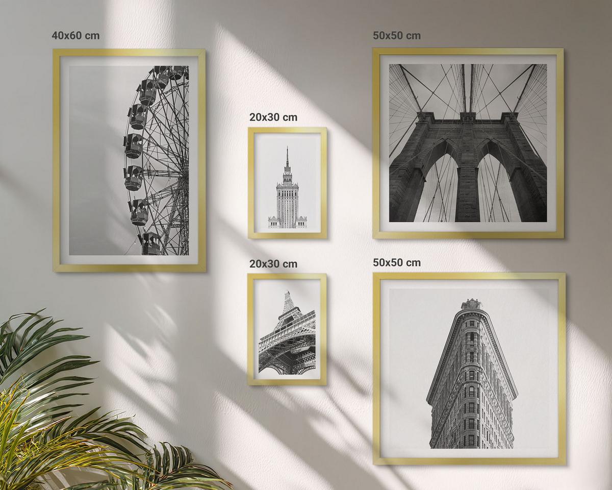 BILDER SET 5er Set - 50x50 cm & 20x30 cm & 40x60 cm Goldrahmen - Architektur Schwarz-Weiß-Minimalismus - Goldfarben, Kunststoff (40/60cm) - TULUP