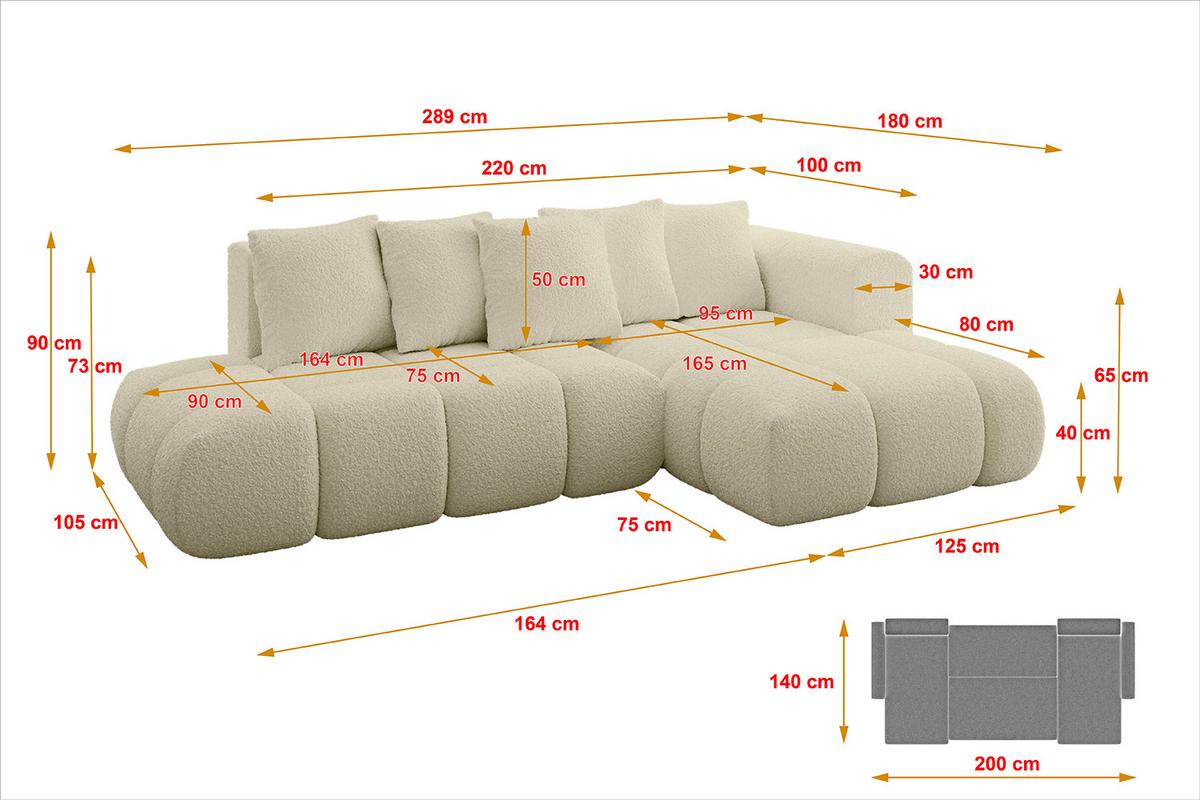 ECKSOFA Ottomane Rechts CLOUD-L-v1 280x185x90 Beige Bouclé - Beige, Holzwerkstoff/Kunststoff (185/280cm) - ALTDECOR