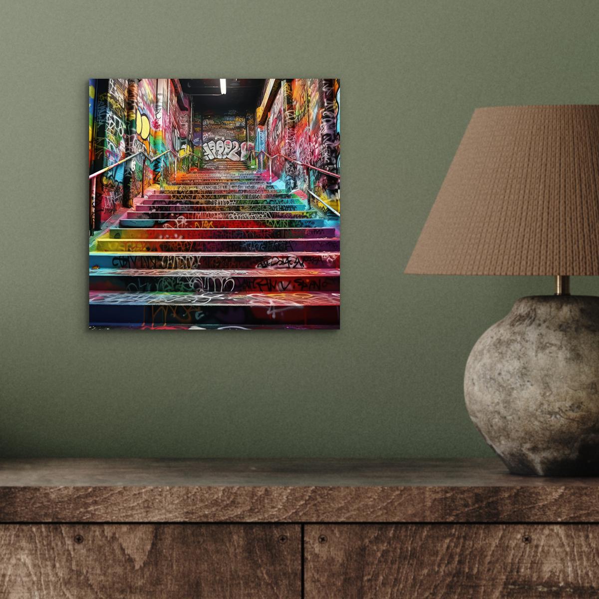 METALLBILD Treppe - Graffiti - Farben - Kunst 20x20 cm - Multicolor, Metall (20/20cm) - MuchoWow