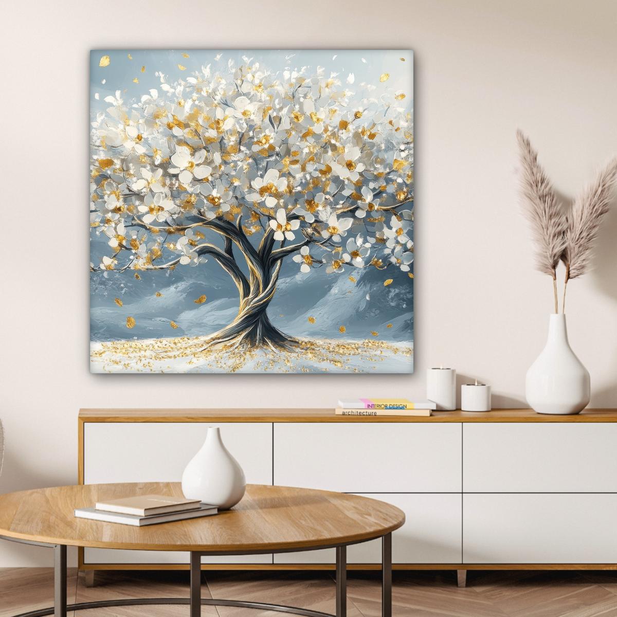 LEINWANDBILD Baum - Winter - Baum des Lebens - Modern - Gold Deko Groß 90x90 cm - Goldfarben, Textil (90/90cm) - MuchoWow