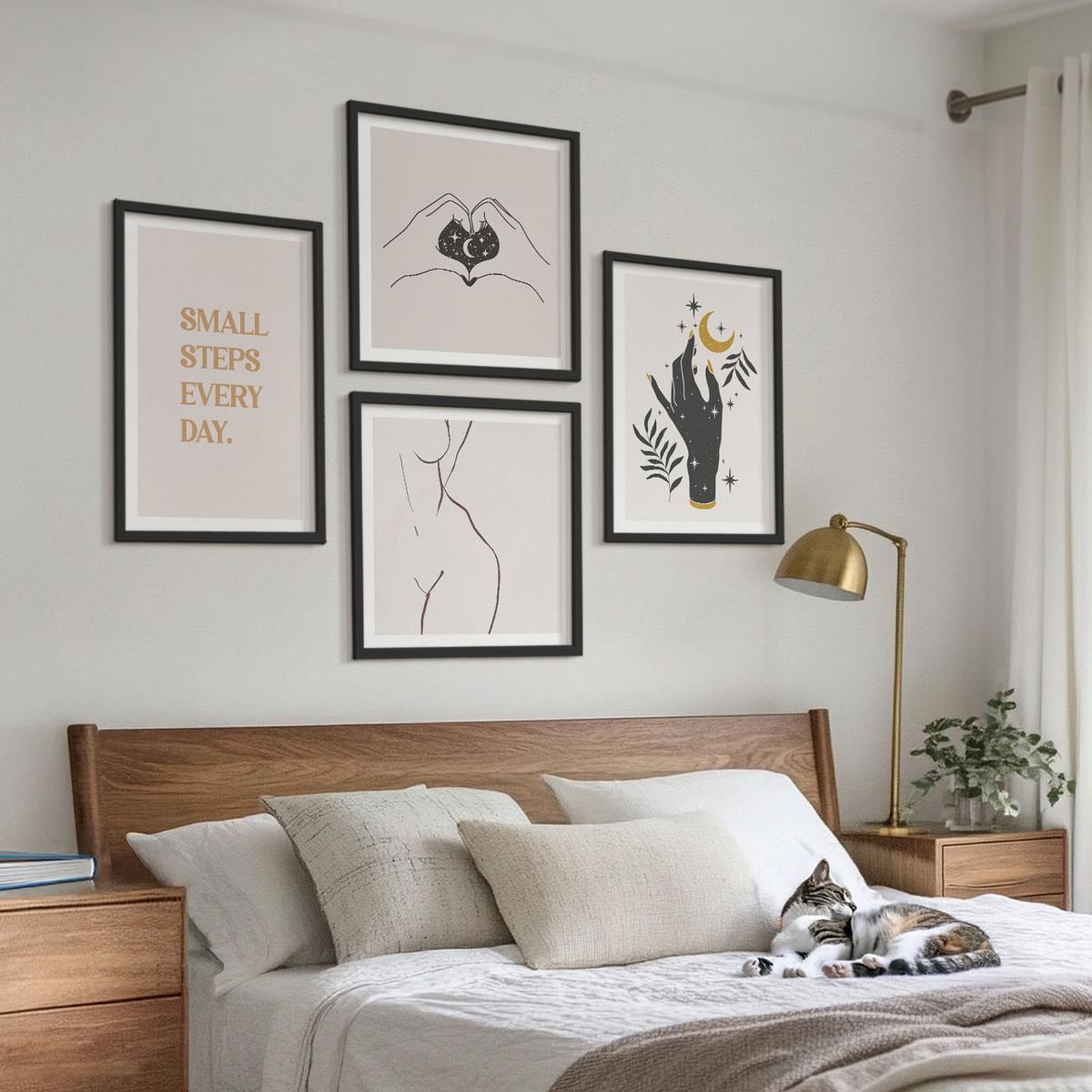 BILDER SET 4er Set - 50x50 cm & 40x60 cm Schwarzer Rahmen - Minimalistische Boho-Illustrationen - Schwarz, Kunststoff (50/50cm) - TULUP