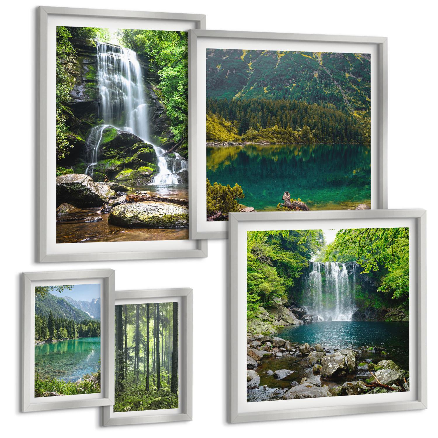 BILDER SET 5er Set - 50x50 cm & 20x30 cm & 40x60 cm Silberner Rahmen - Grüne Landschaften, Wasserfälle - Silberfarben, Kunststoff (40/60cm) - TULUP
