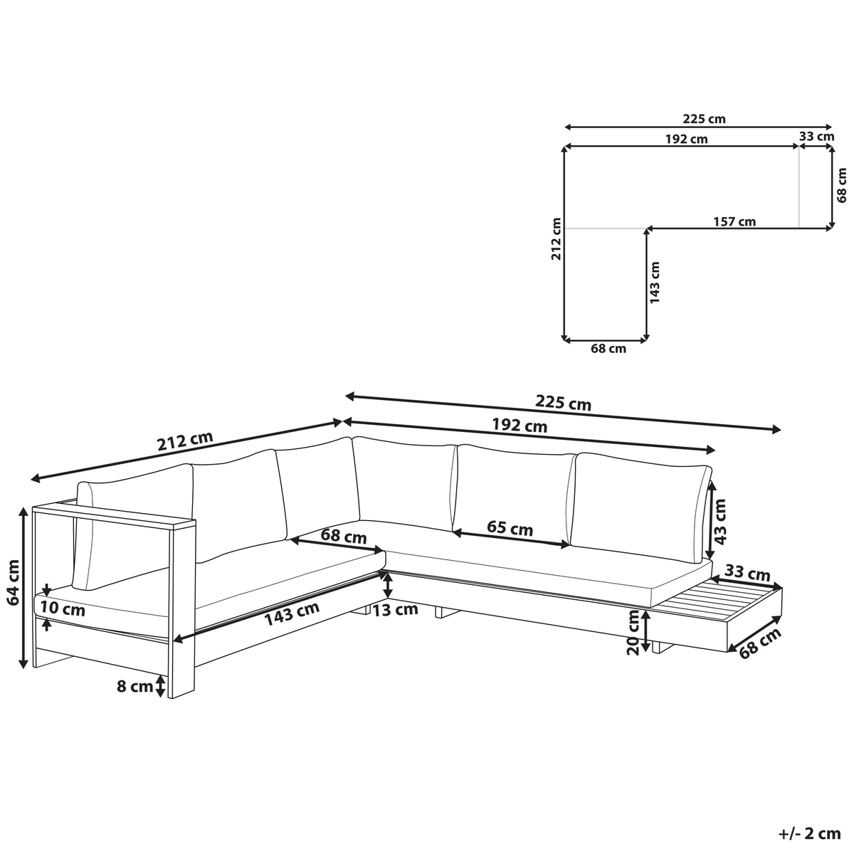 GARTENECKSOFA 5-Sitzer zertifiziertes Akazienholz linksseitig Grün Marettimo - Braun/Grün, Holz (225/64/212cm) - Beliani