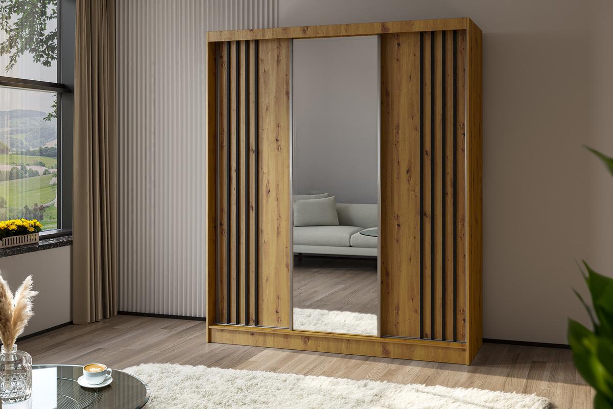 KLEIDERSCHRANK mit Spiegel-Schiebetüren und Aluminium-Leisten, LED-Beleuchtung - NALLA - 180 cm Artisan+Artisan+Schwarz - Schwarz/Eiche Artisan, Holzwerkstoff (180/216/61cm) - ALTDECOR