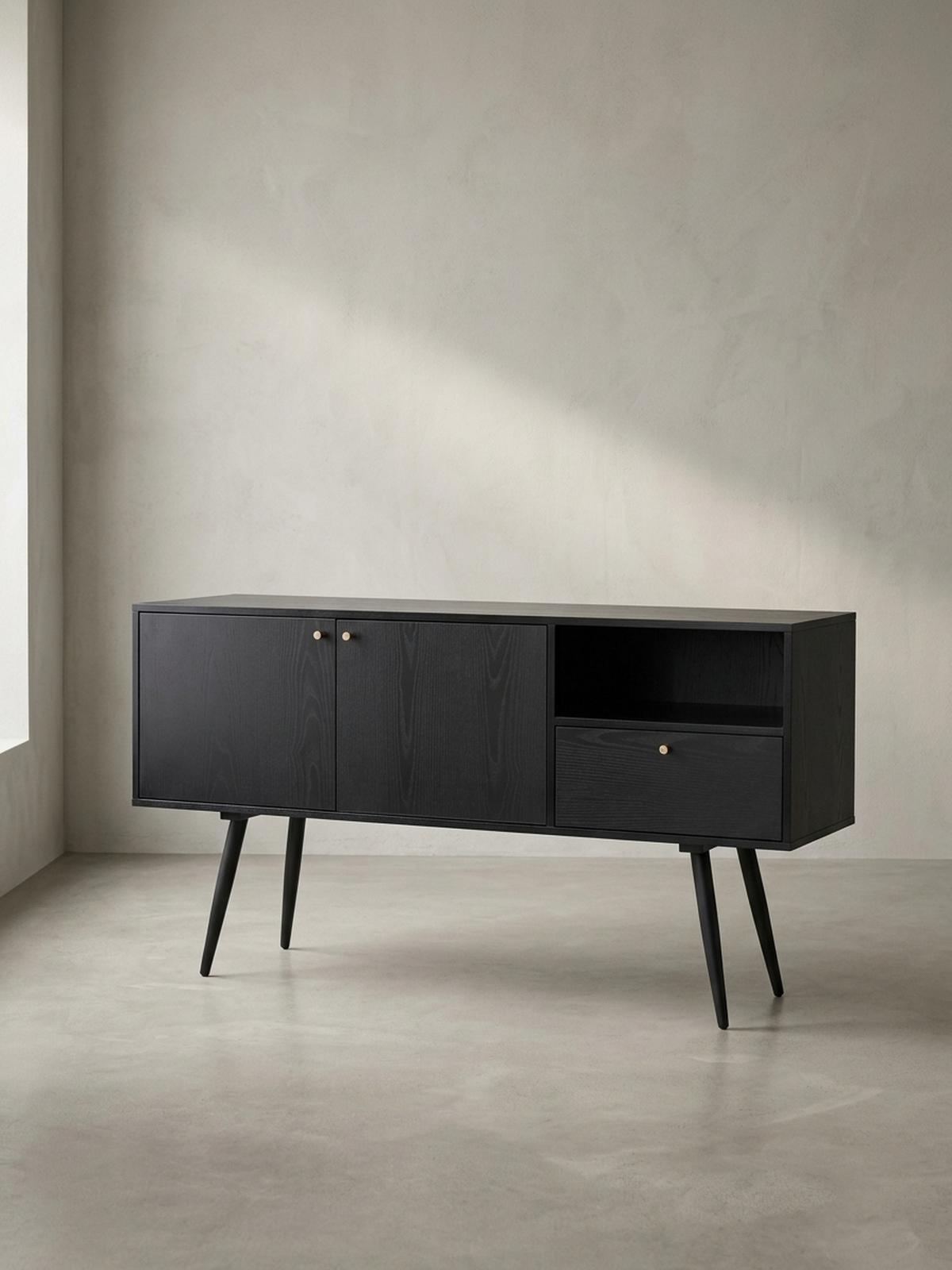 SIDEBOARD – Schwarz/Eiche-Dekor, 140x75x40 cm, mit 2 Türen, Schublade, offenes Fach - Schwarz, Holzwerkstoff/Metall (140/75/40cm) - KADIMA DESIGN