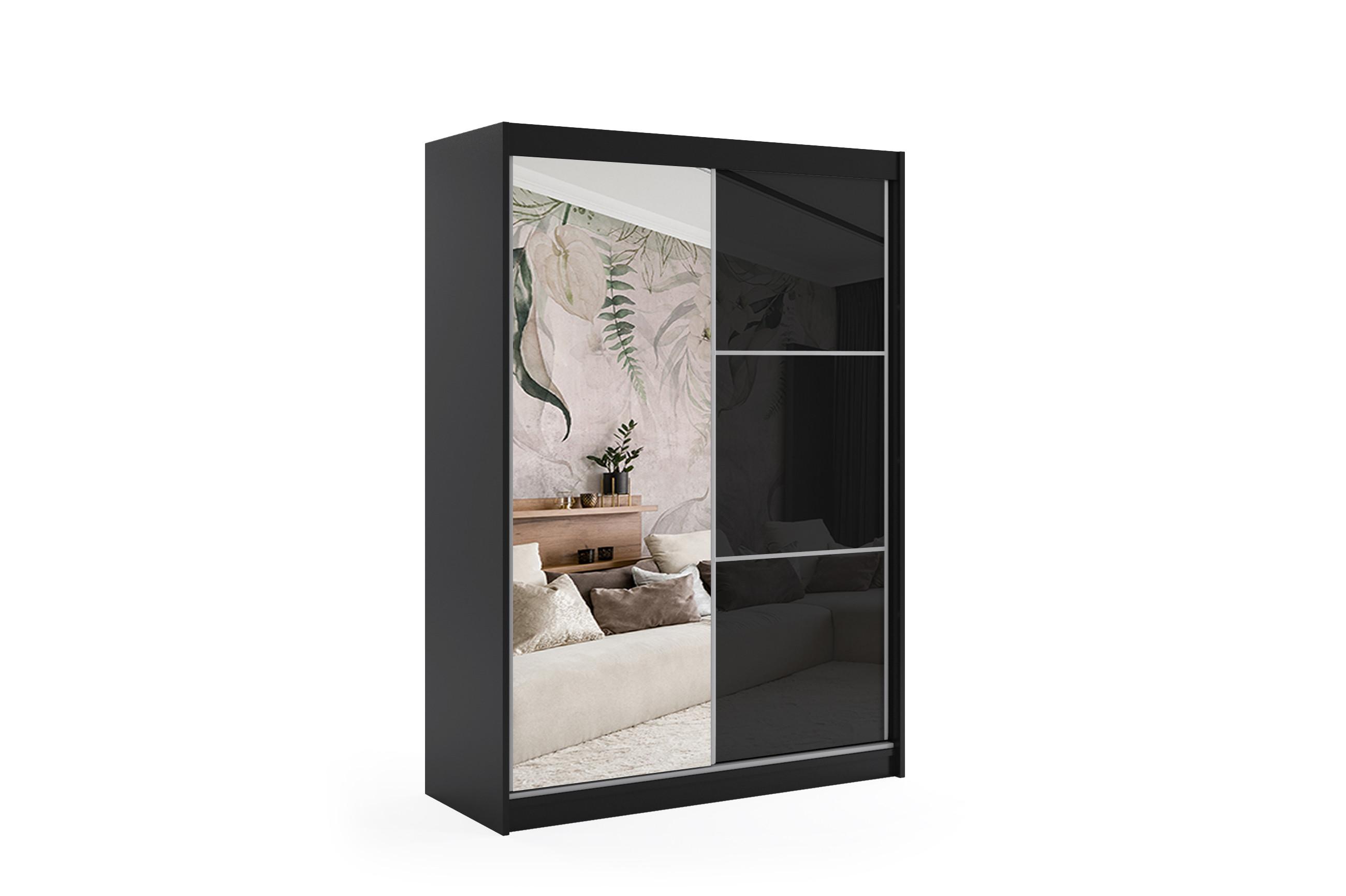 KLEIDERSCHRANK mit Spiegel-Schiebetüren und Aluminium-Leisten - VIVI - 160 cm Schwarz - Schwarz, Holzwerkstoff (160/216/61cm) - ALTDECOR