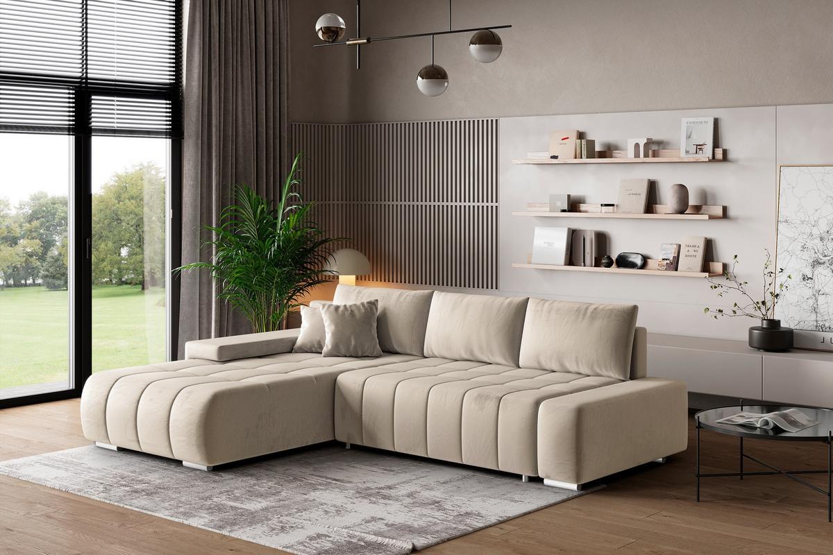 ECKSOFA ALESE L-S Creme Velours-Stoff mit Schlaffunktion - Silberfarben/Creme, Holz/Textil (265/185cm) - MASSENO
