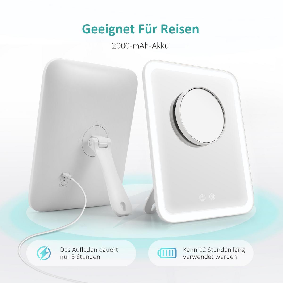 KOSMETIKSPIEGEL mit Licht mit Abnehmbare Saugnapfes, Weiß, 23,3/18 cm - Weiß, Glas (23.3/23.3/18cm) - EMKE